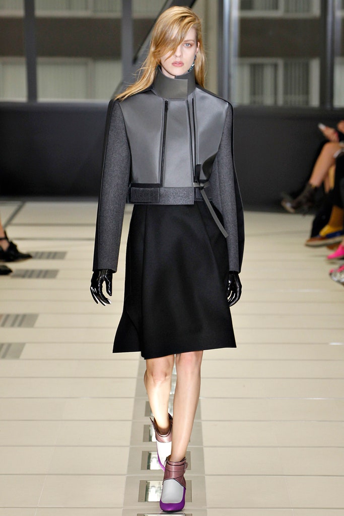gray leather long-sleeve collared structured zippered jacket