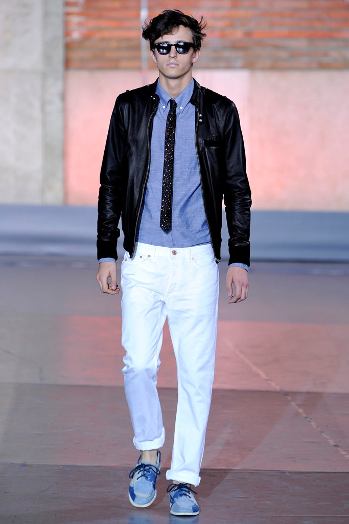 black leather jacket with blue shirt