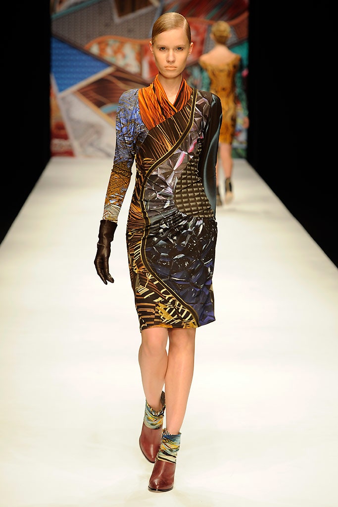multi silk long-sleeve v-neck fitted printed mini dress