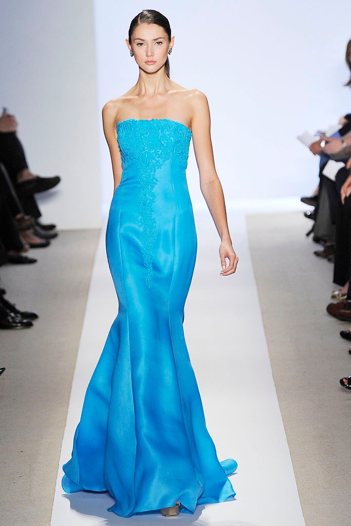 blue silk strapless gown