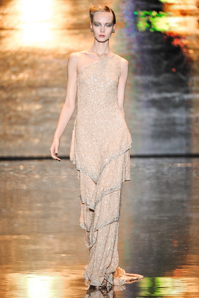 beige sequin asymmetric gown