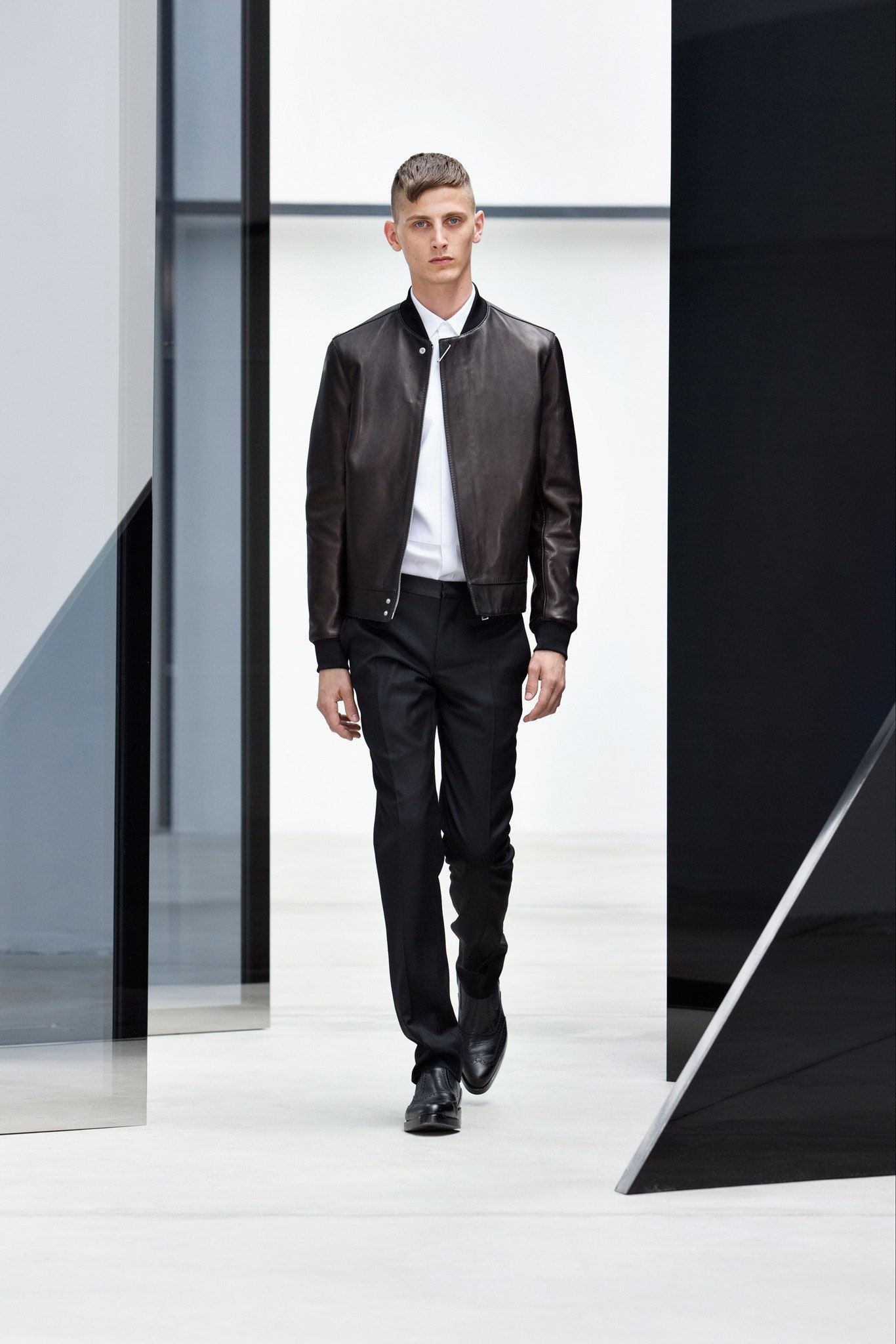 black leather jacket white shirt tailored pants