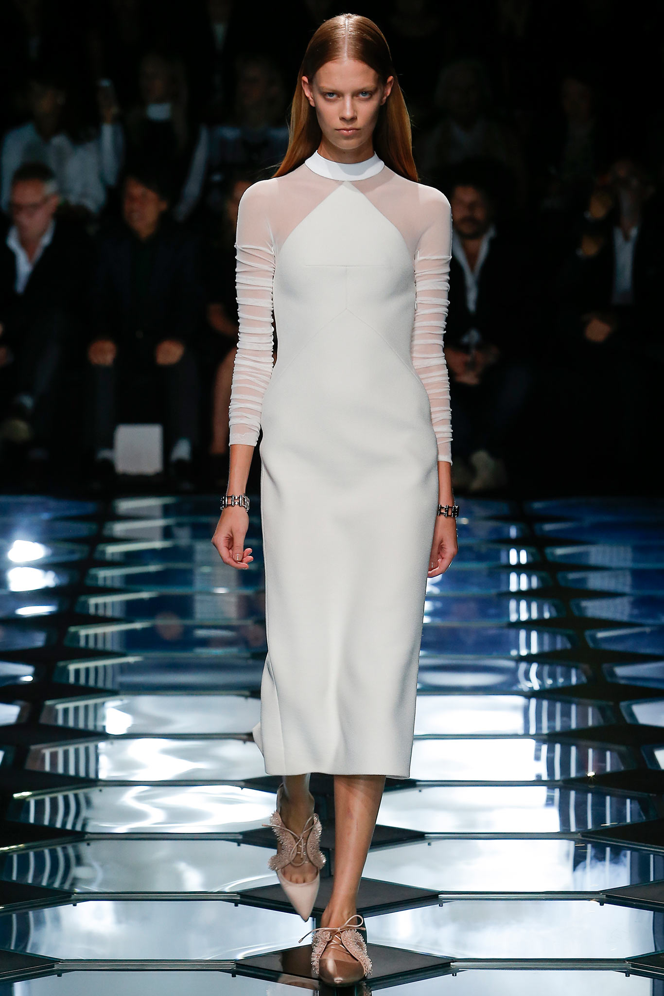 fitted white neoprene midi dress