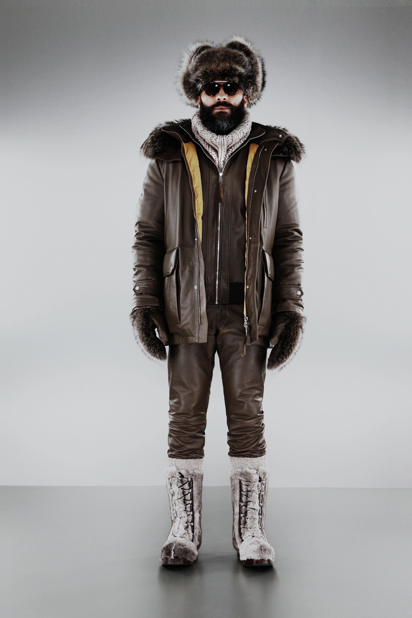 brown leather long-sleeve hooded relaxed zippered pockets parka