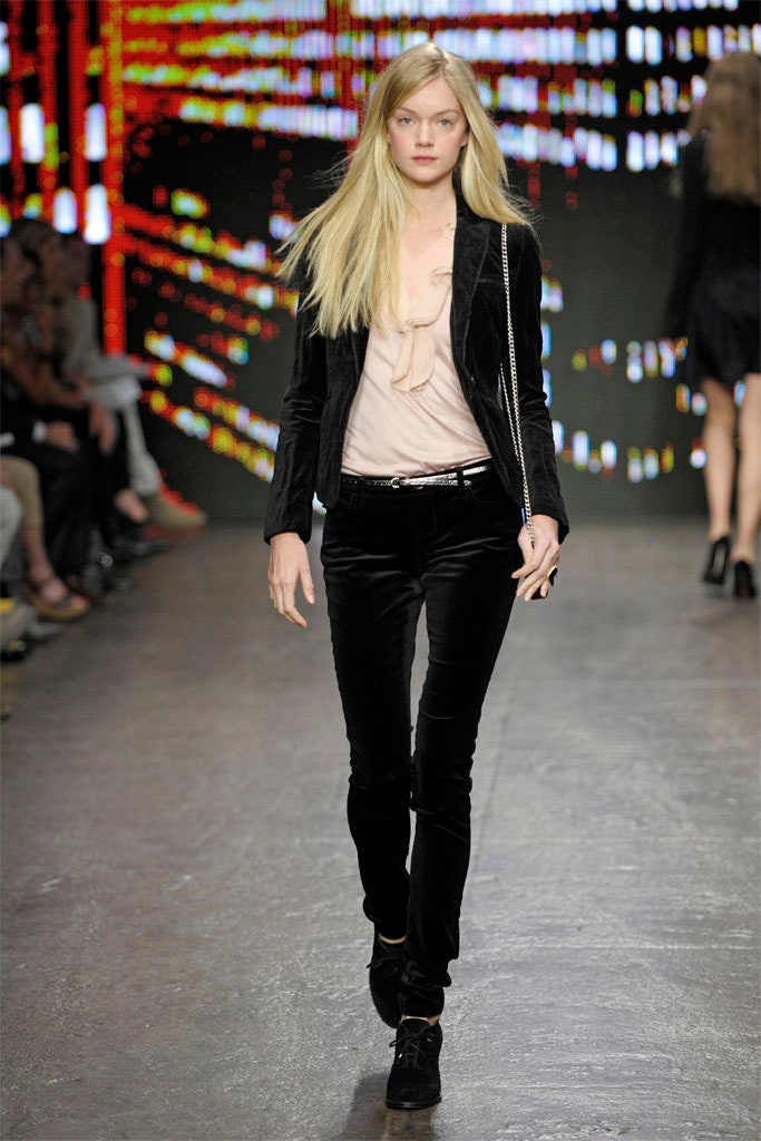 beige silk blouse with black velvet blazer