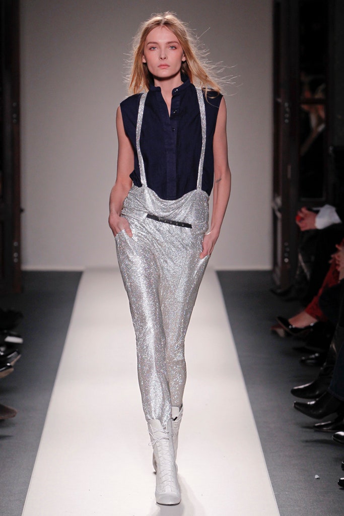 blue fitted shirt with silver pants