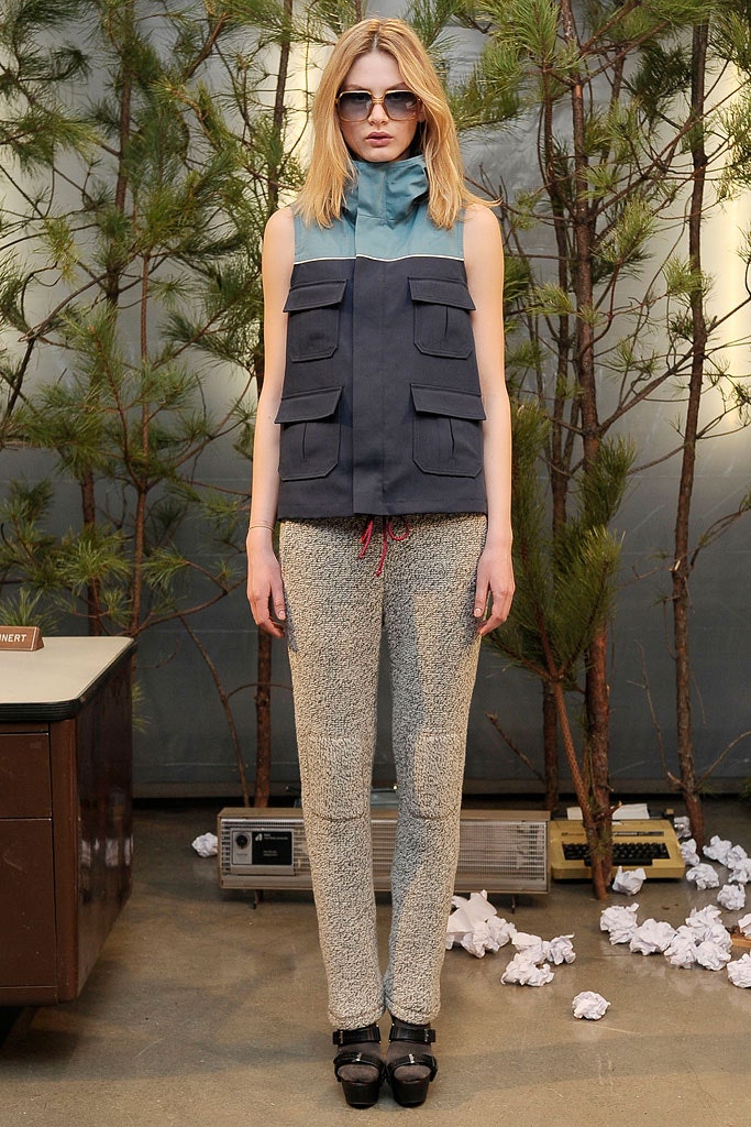 blue cotton sleeveless vest and gray pants
