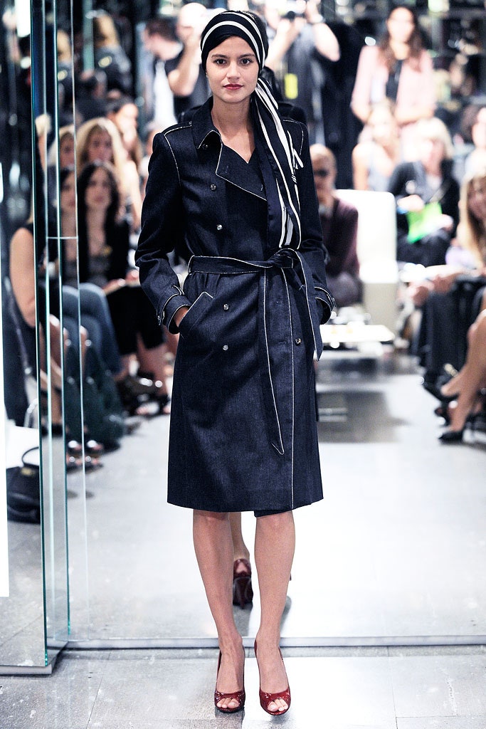 blue denim long-sleeve collared fitted belted trench