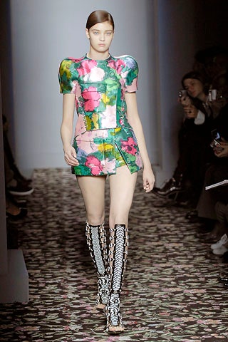 floral mini dress with striped boots