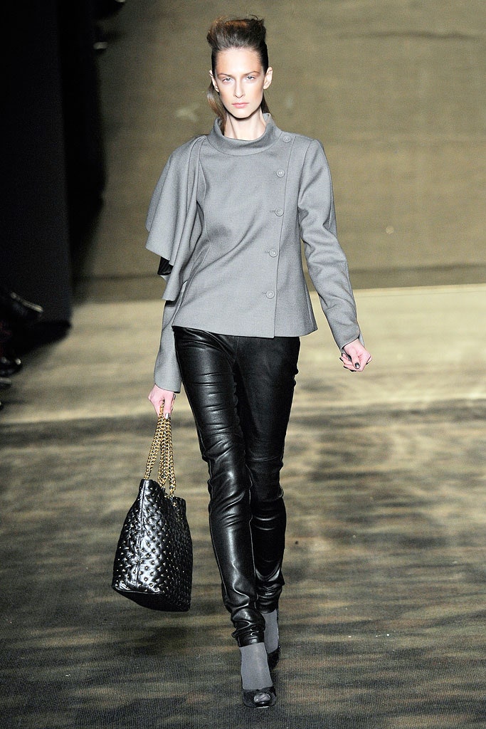 gray wool jacket with black leather pants