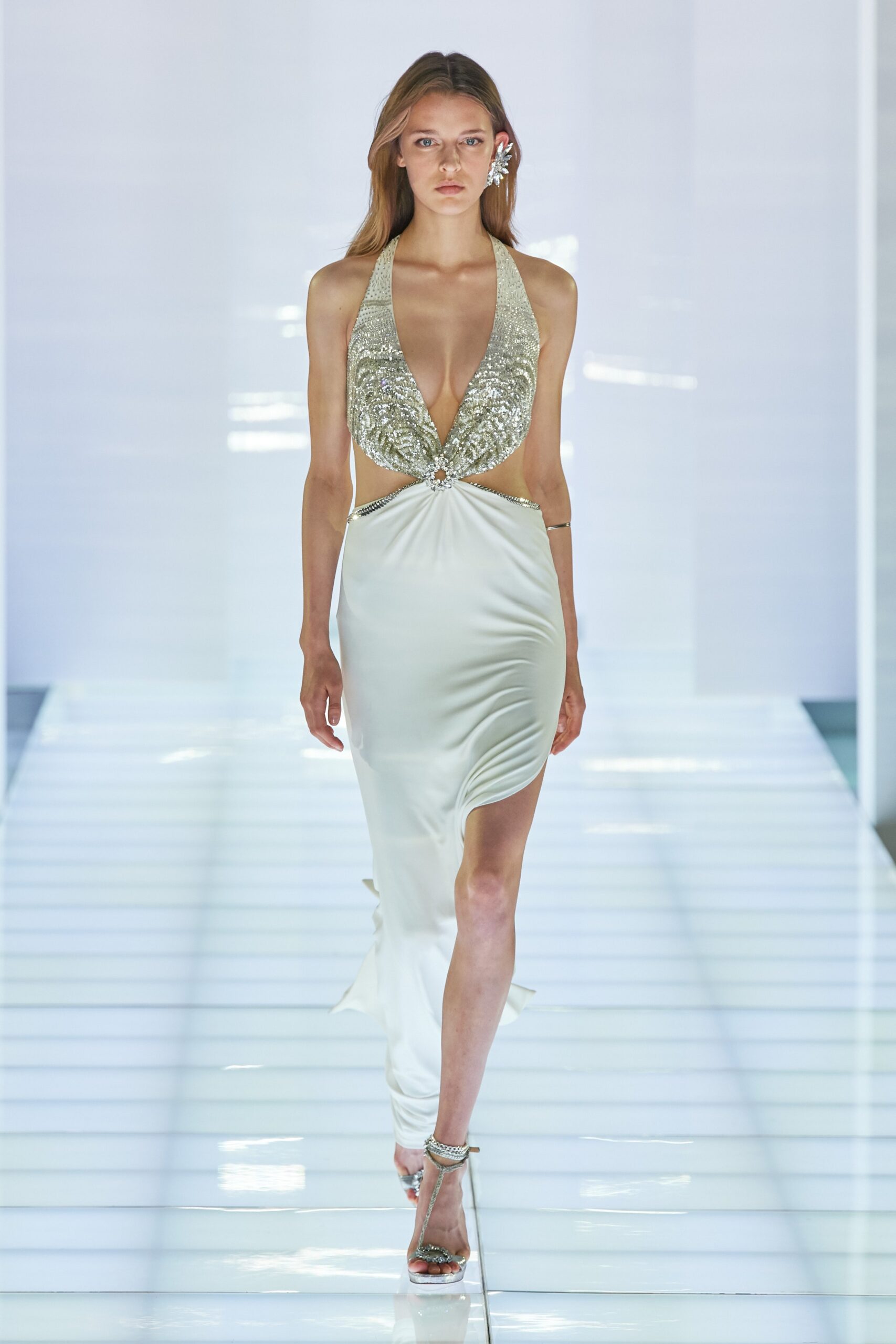white silk fitted gown