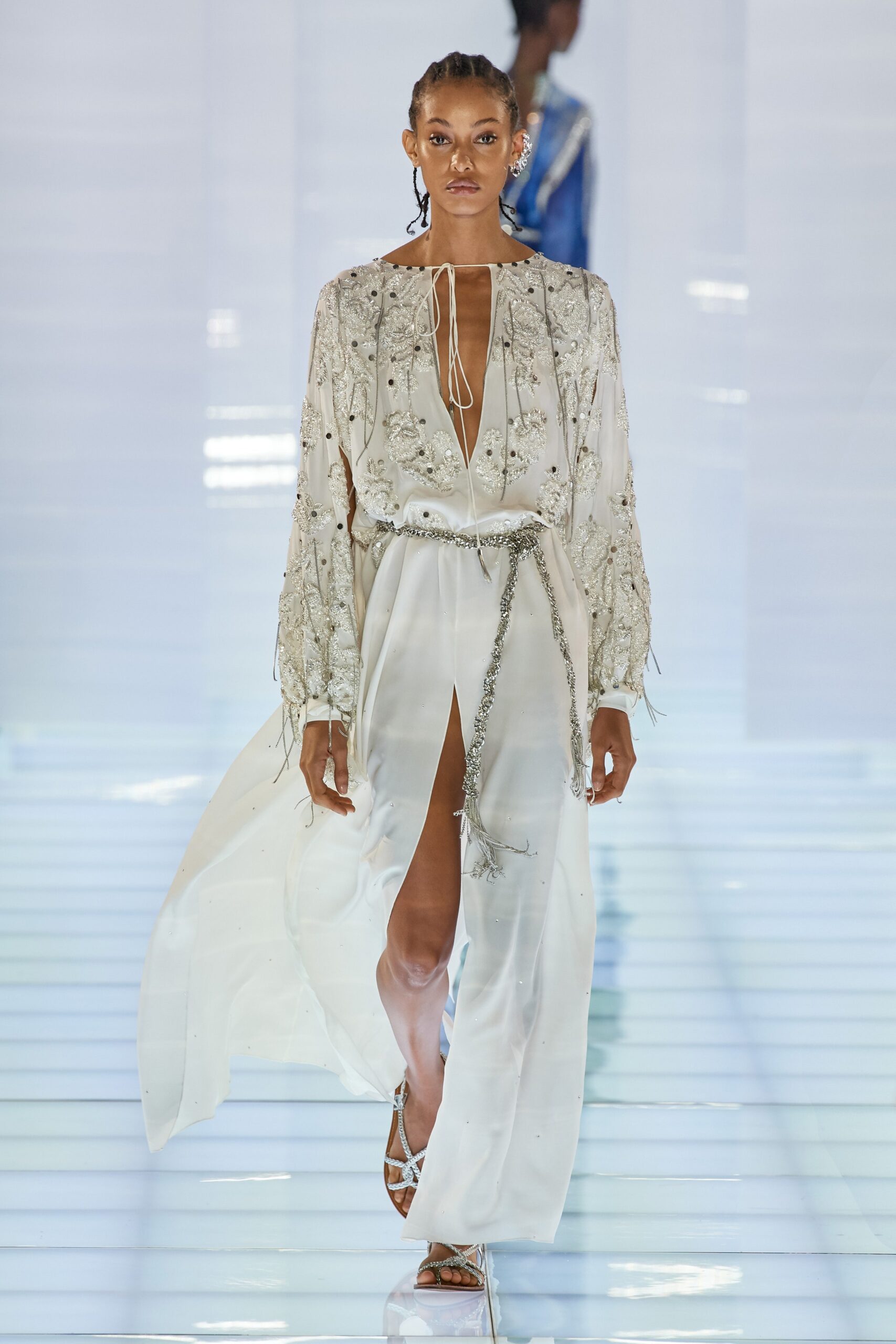 white silk embroidered dress