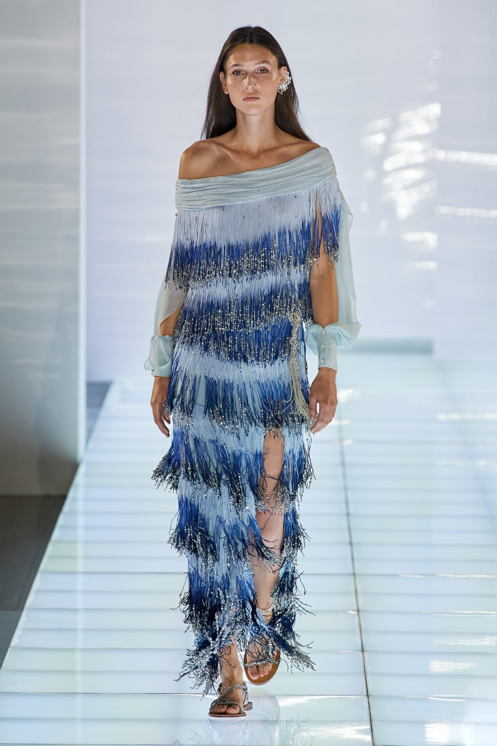 blue and white fringed maxi dress