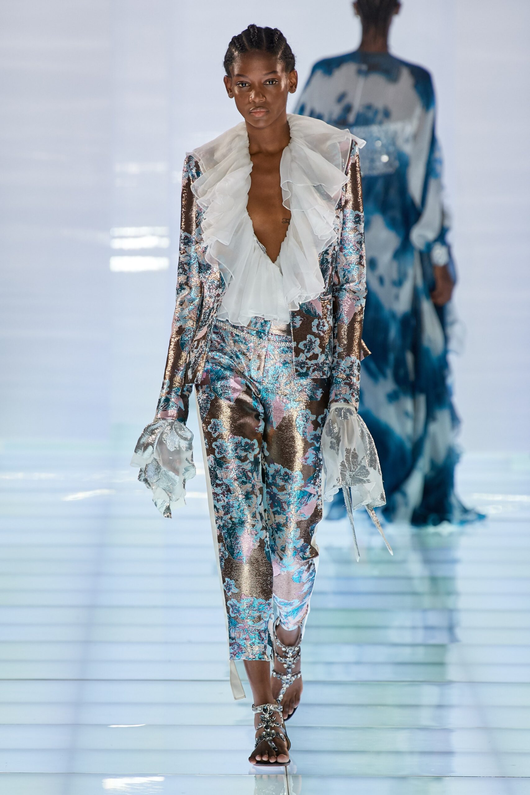 blue silk ruffled jumpsuit