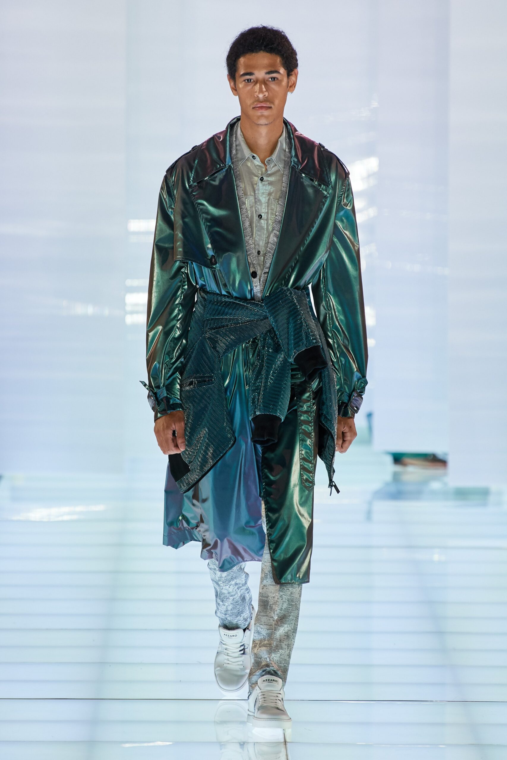 green vinyl long-sleeve collared relaxed draped shiny coat