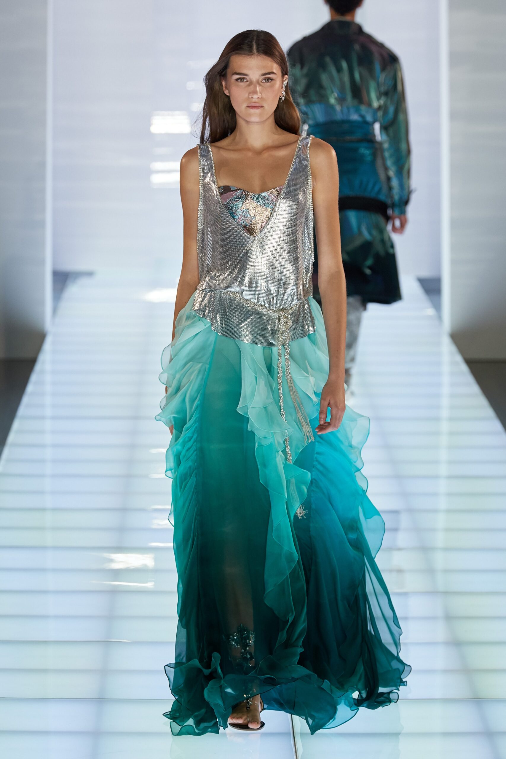 silver and blue flowing maxi dress