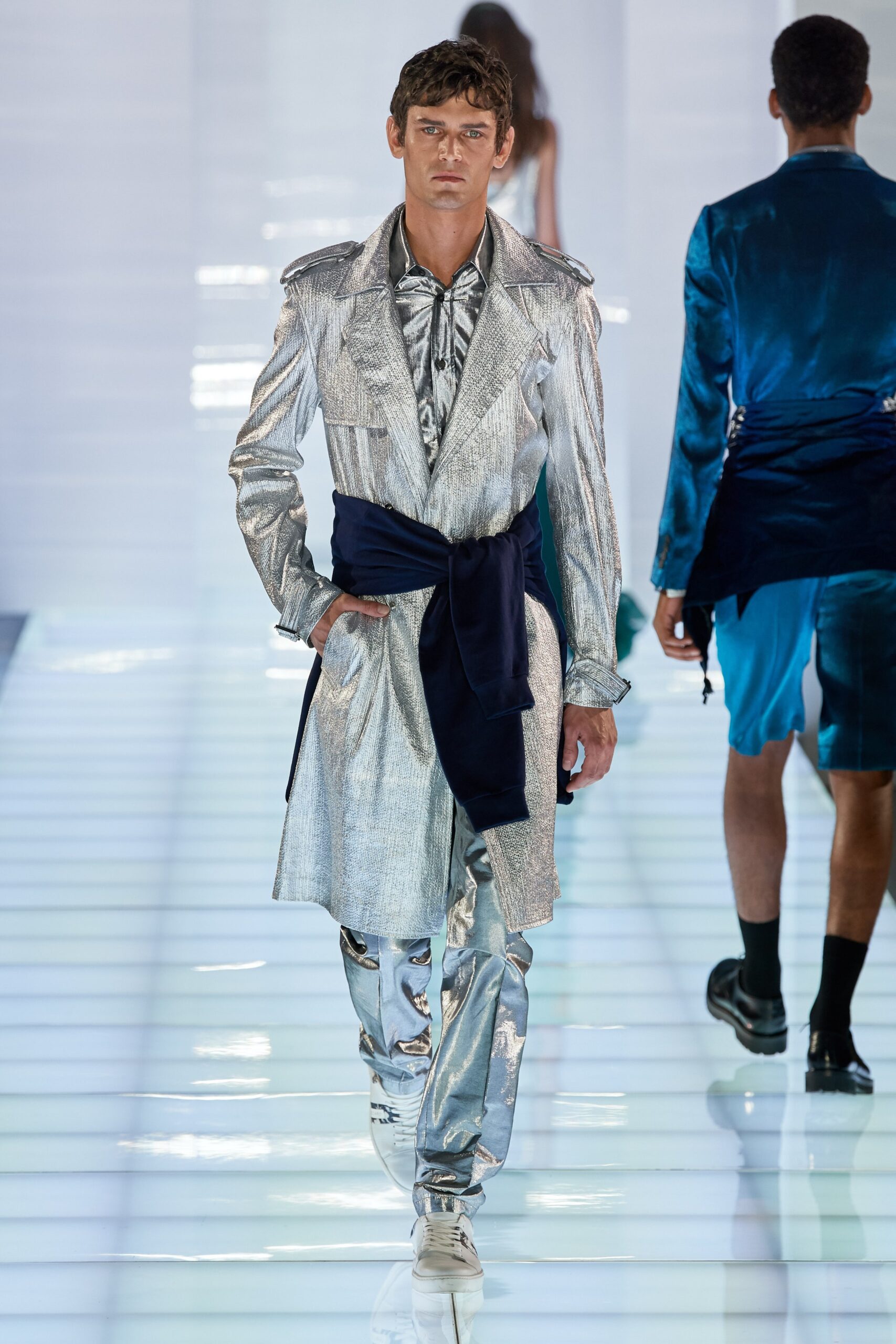 gray metallic long-sleeve collared fitted zippered shiny trench