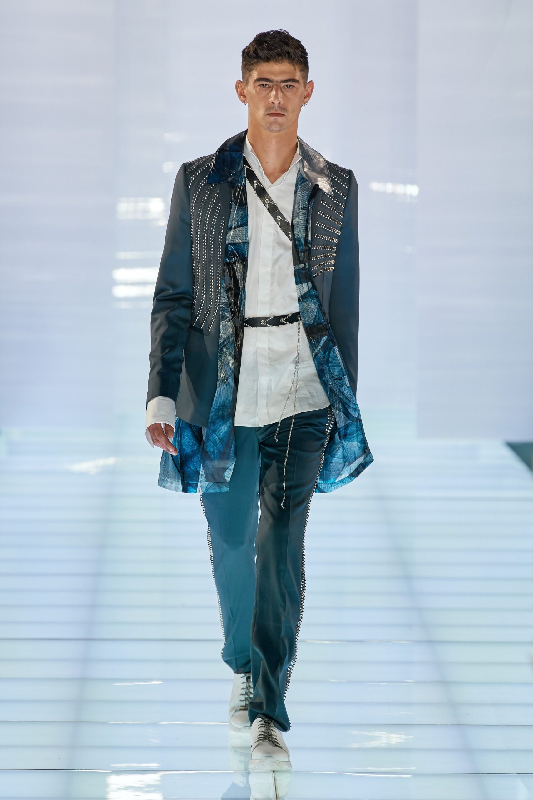 blue silk long-sleeve collared tailored buttoned zippered suit
