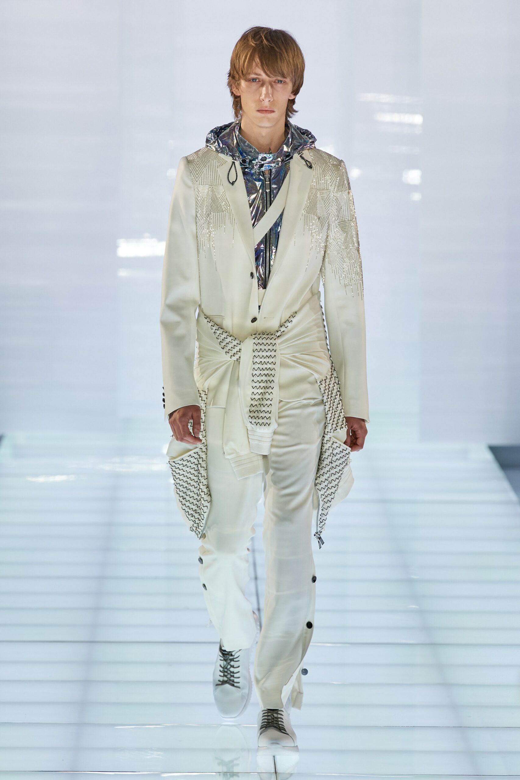 white fitted suit with multi hoodie