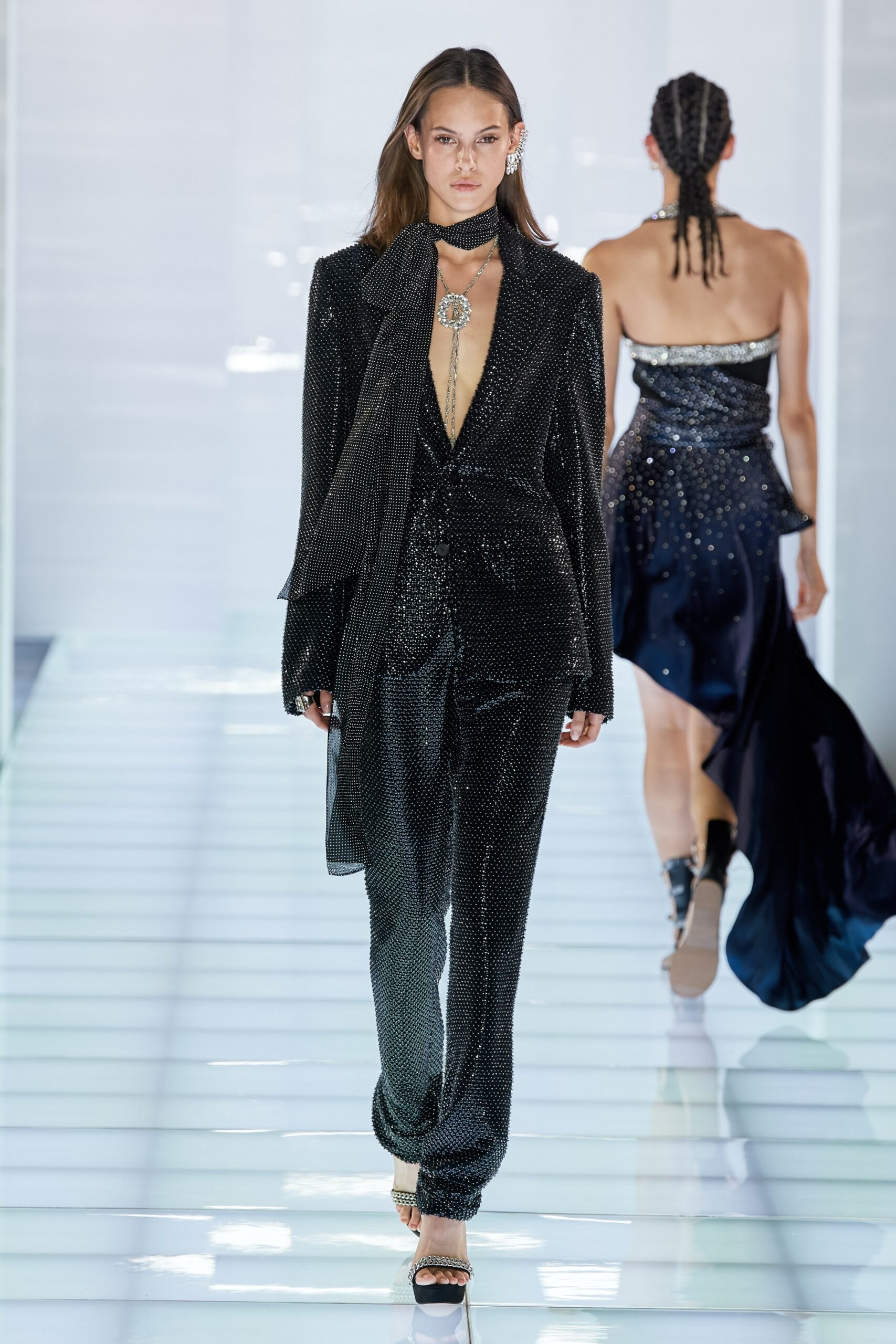 black sequined fitted suit
