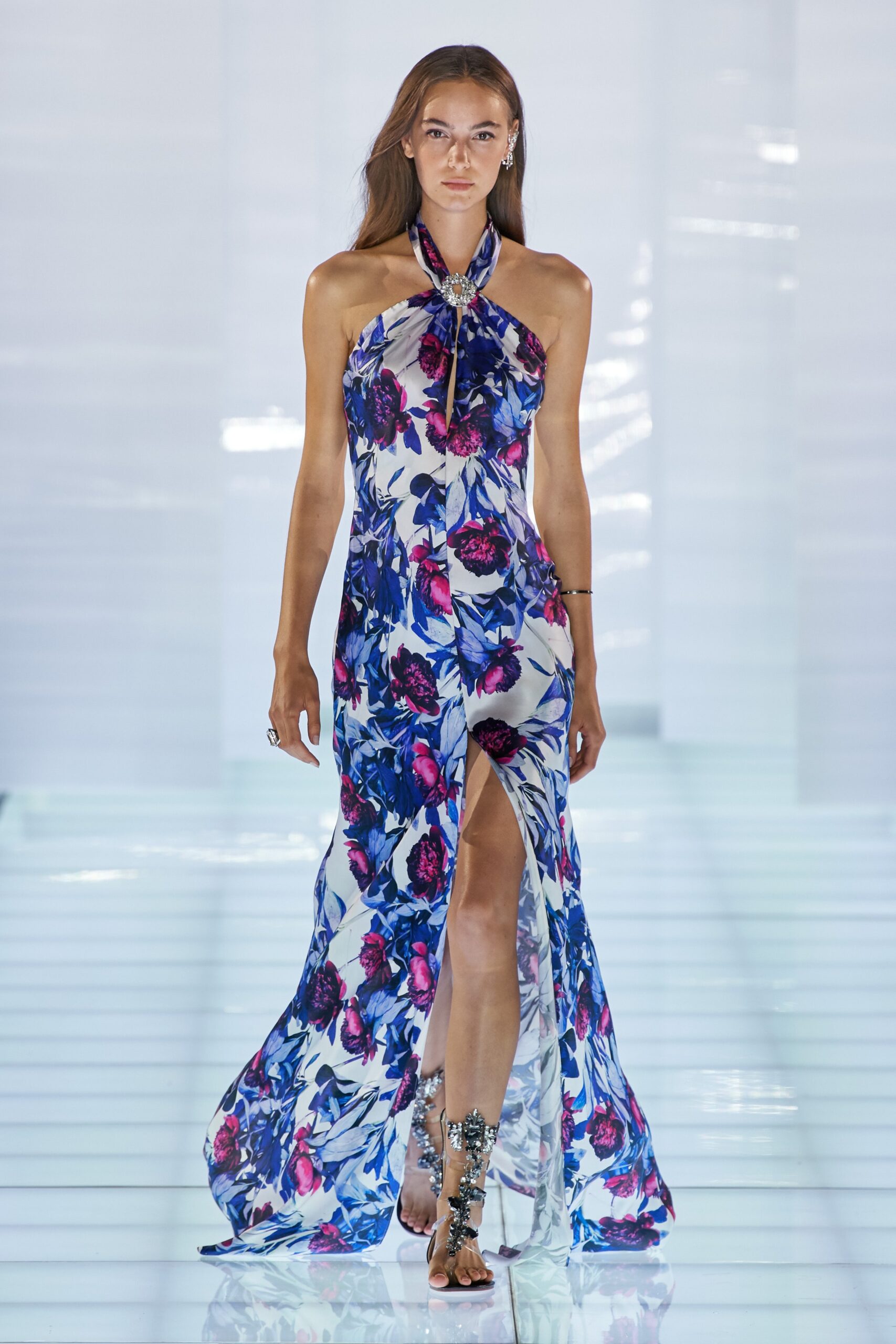 blue floral halterneck gown