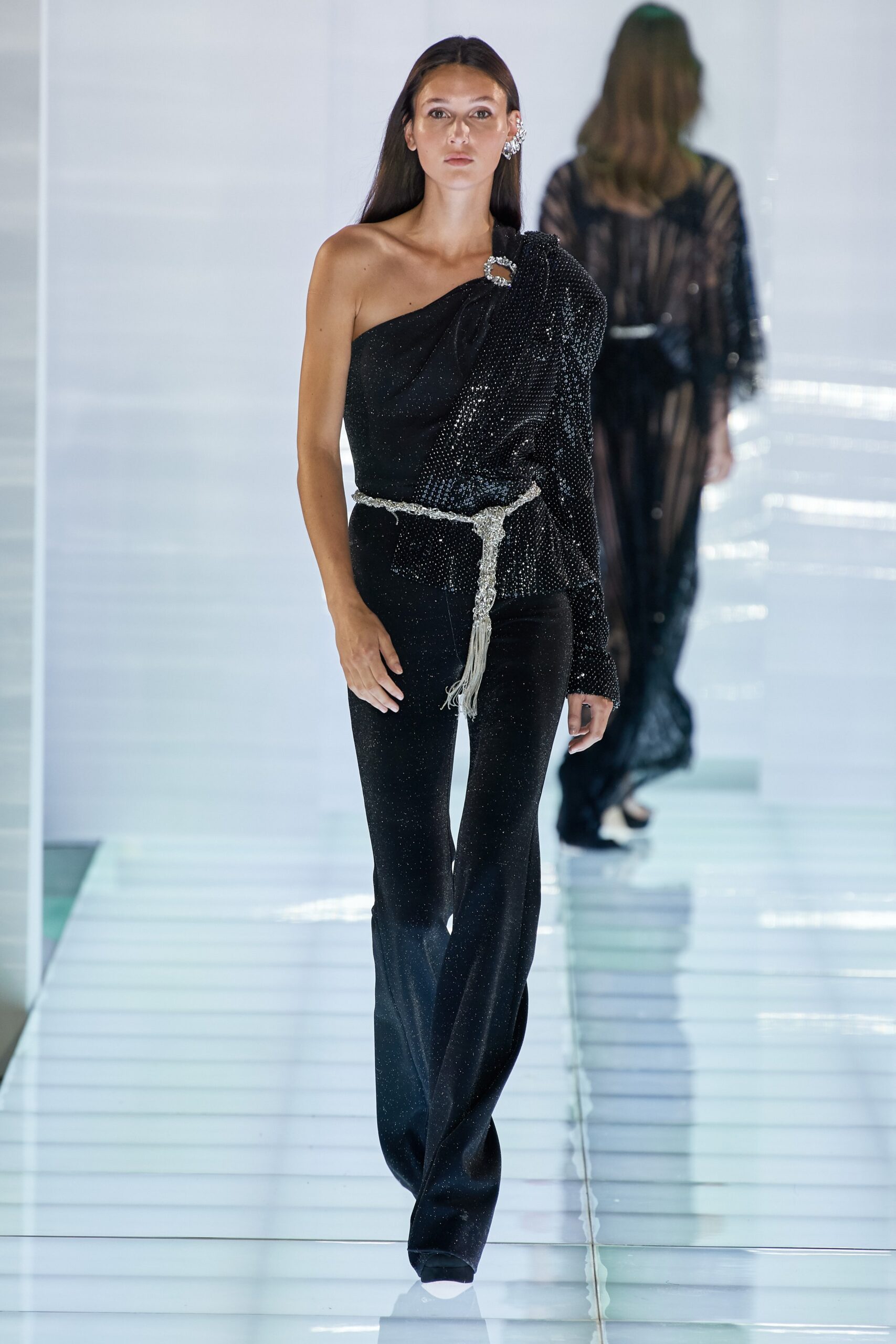 black silk off-shoulder jumpsuit
