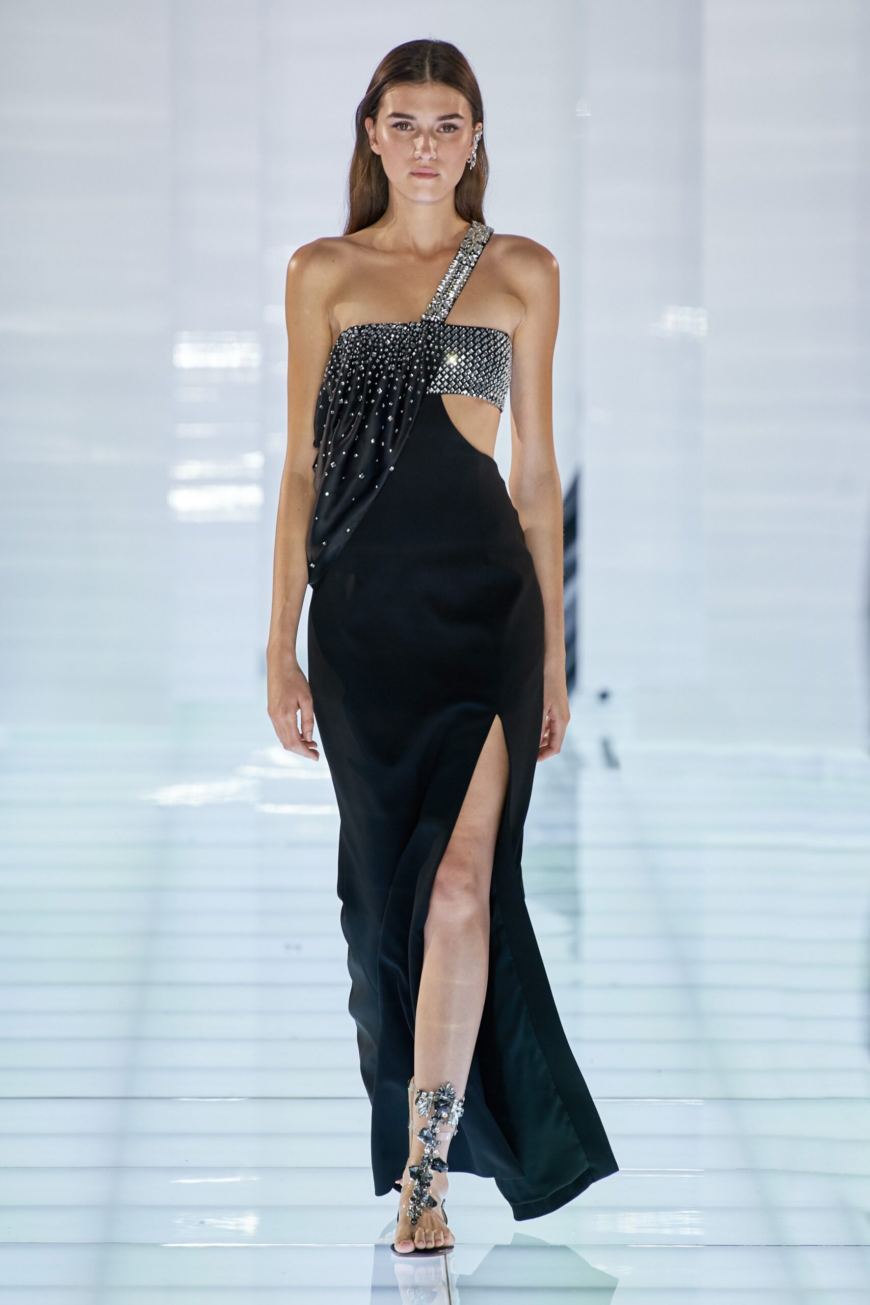 black sequined gown with cutout