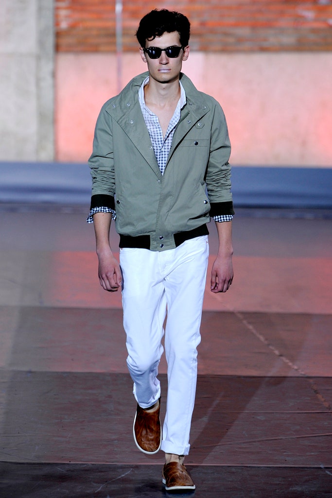 green relaxed jacket with checked shirt