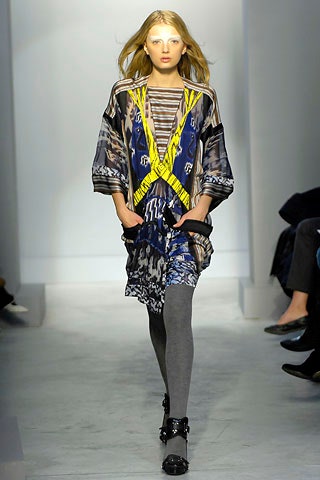 blue silk long-sleeve v-neck relaxed printed draped dress