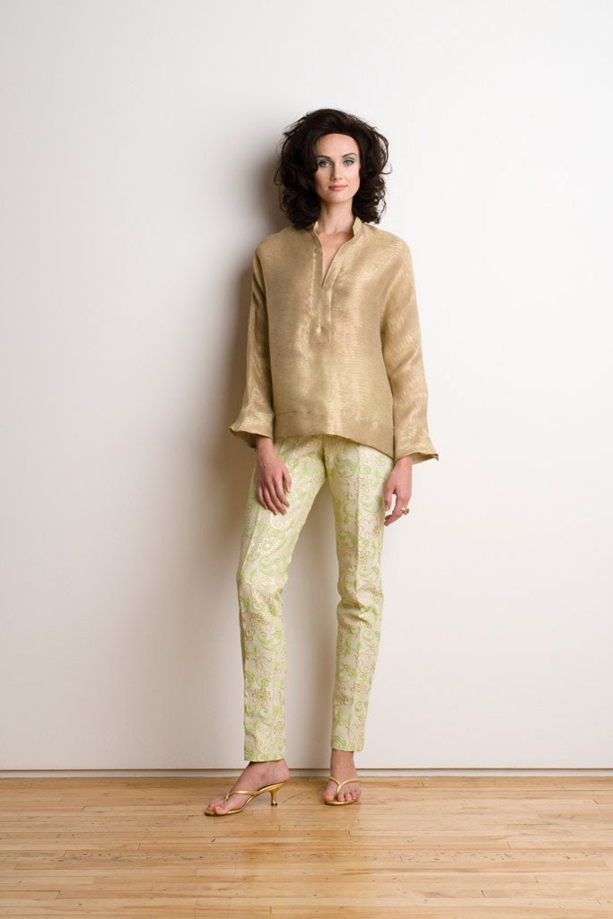 gold silk top with printed pants