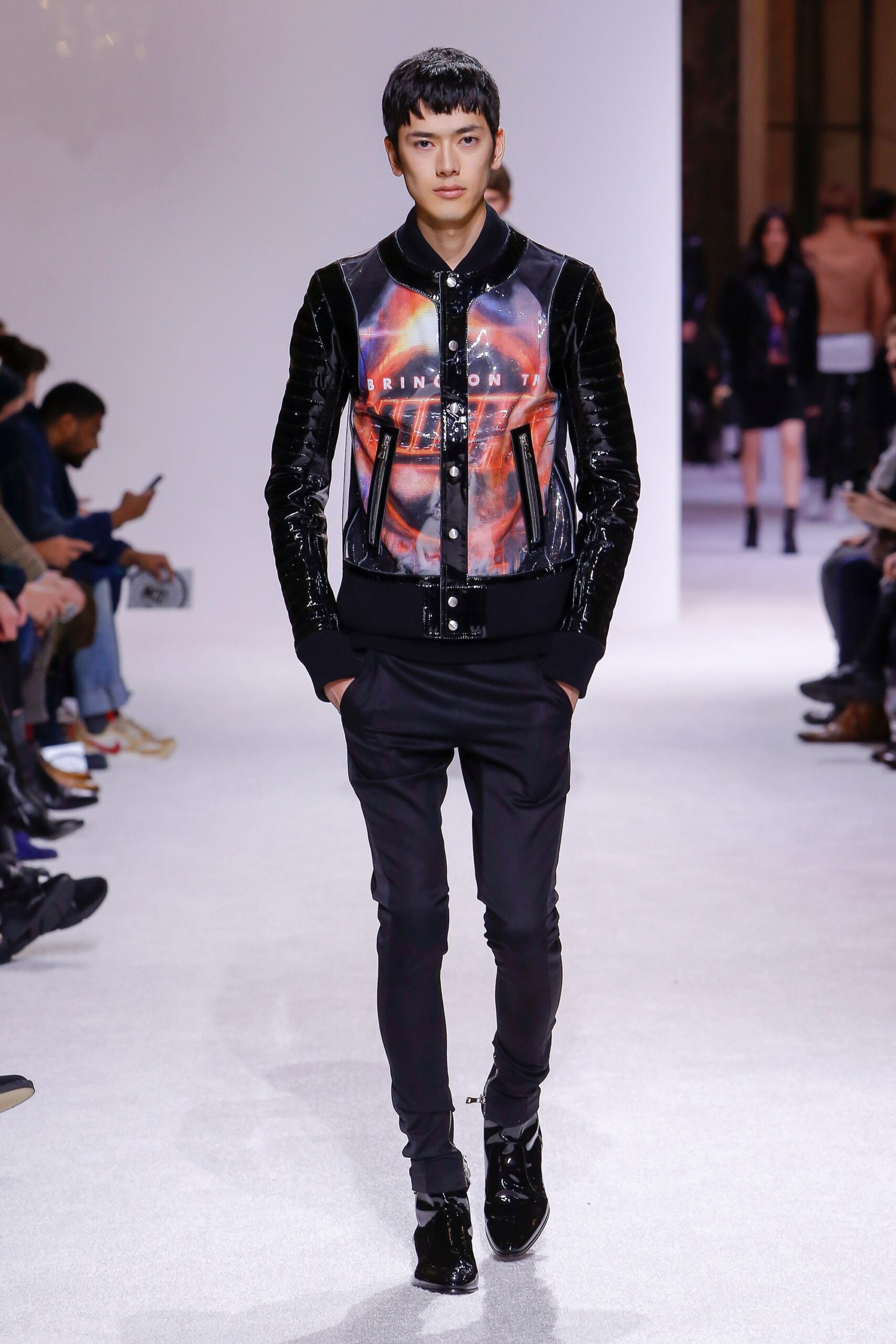 black leather long-sleeve collared fitted zippered printed jacket
