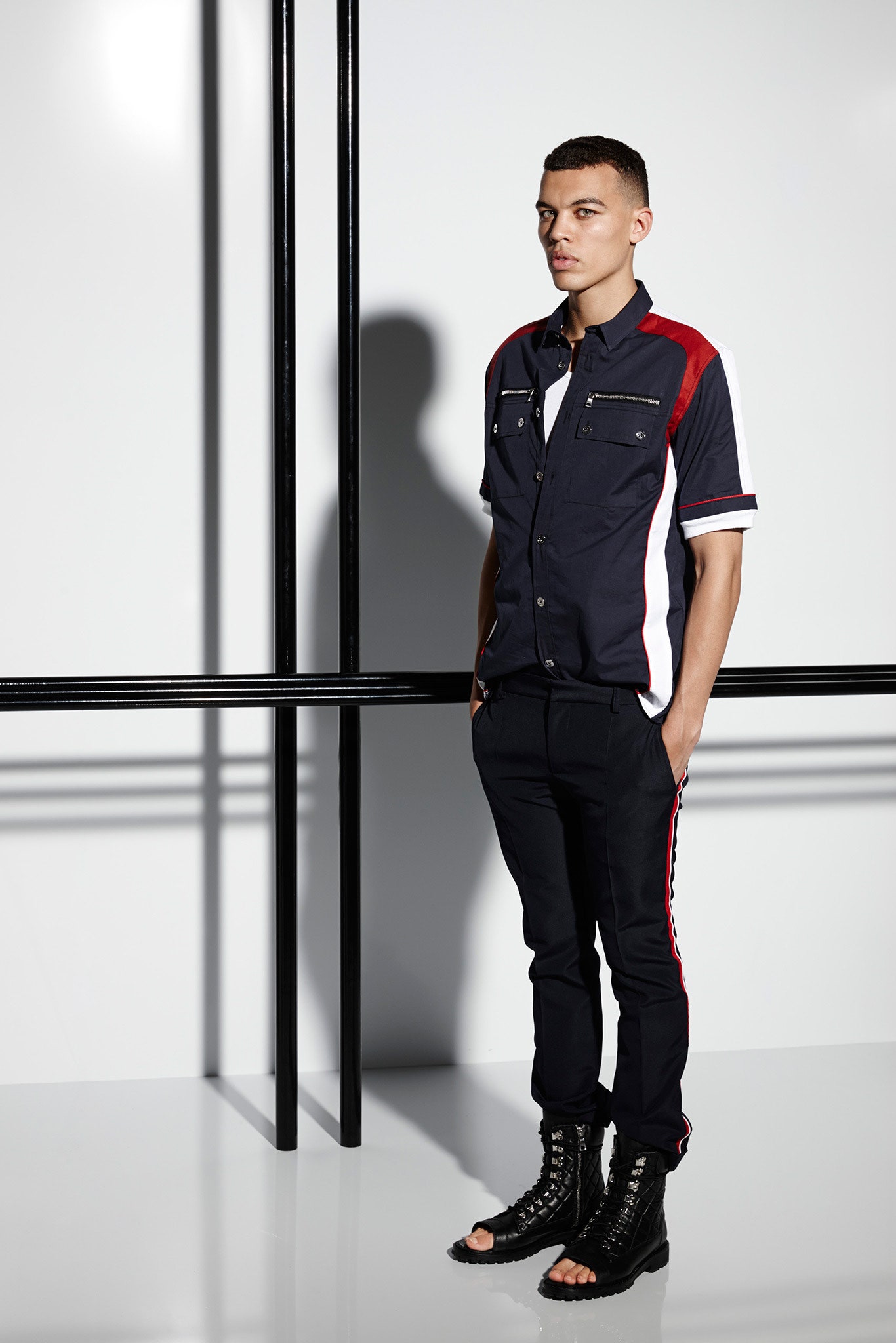 fitted black and red shirt with slim pants