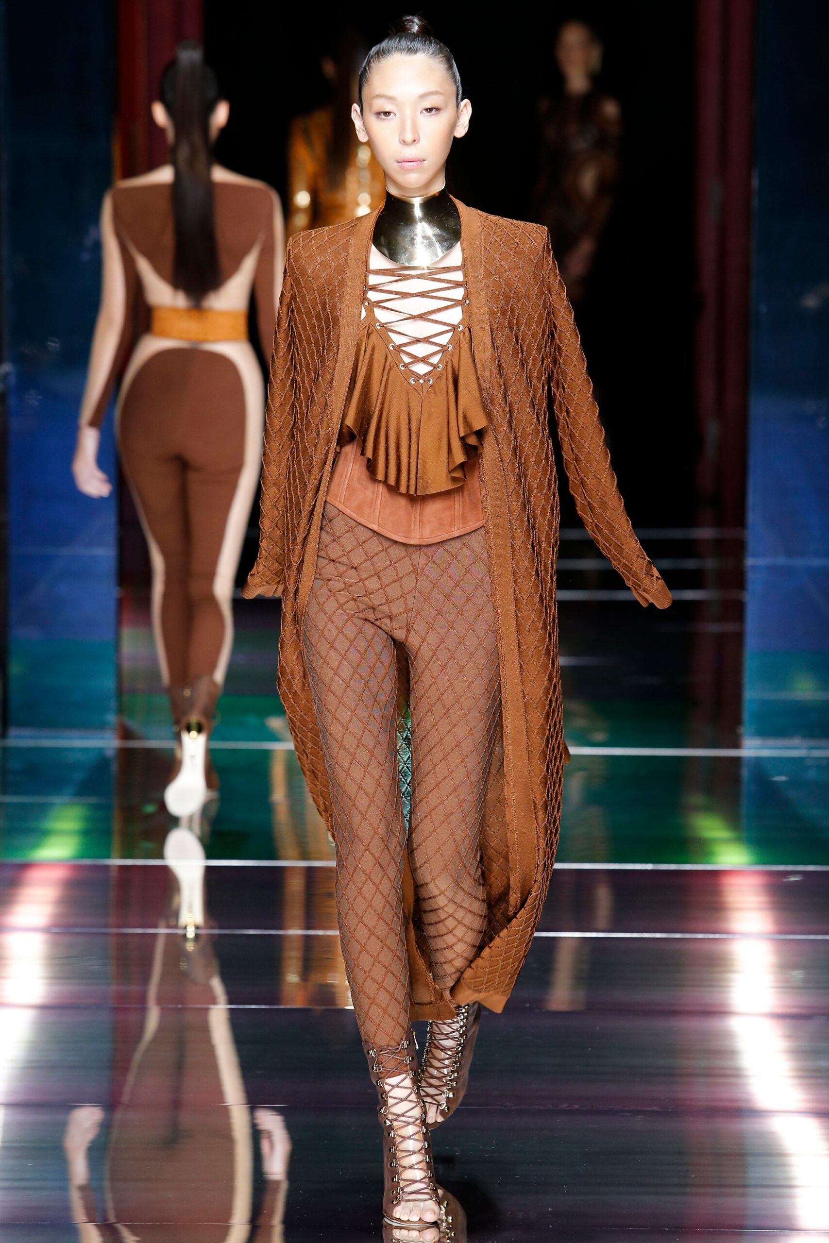 brown knit cardigan and fitted top