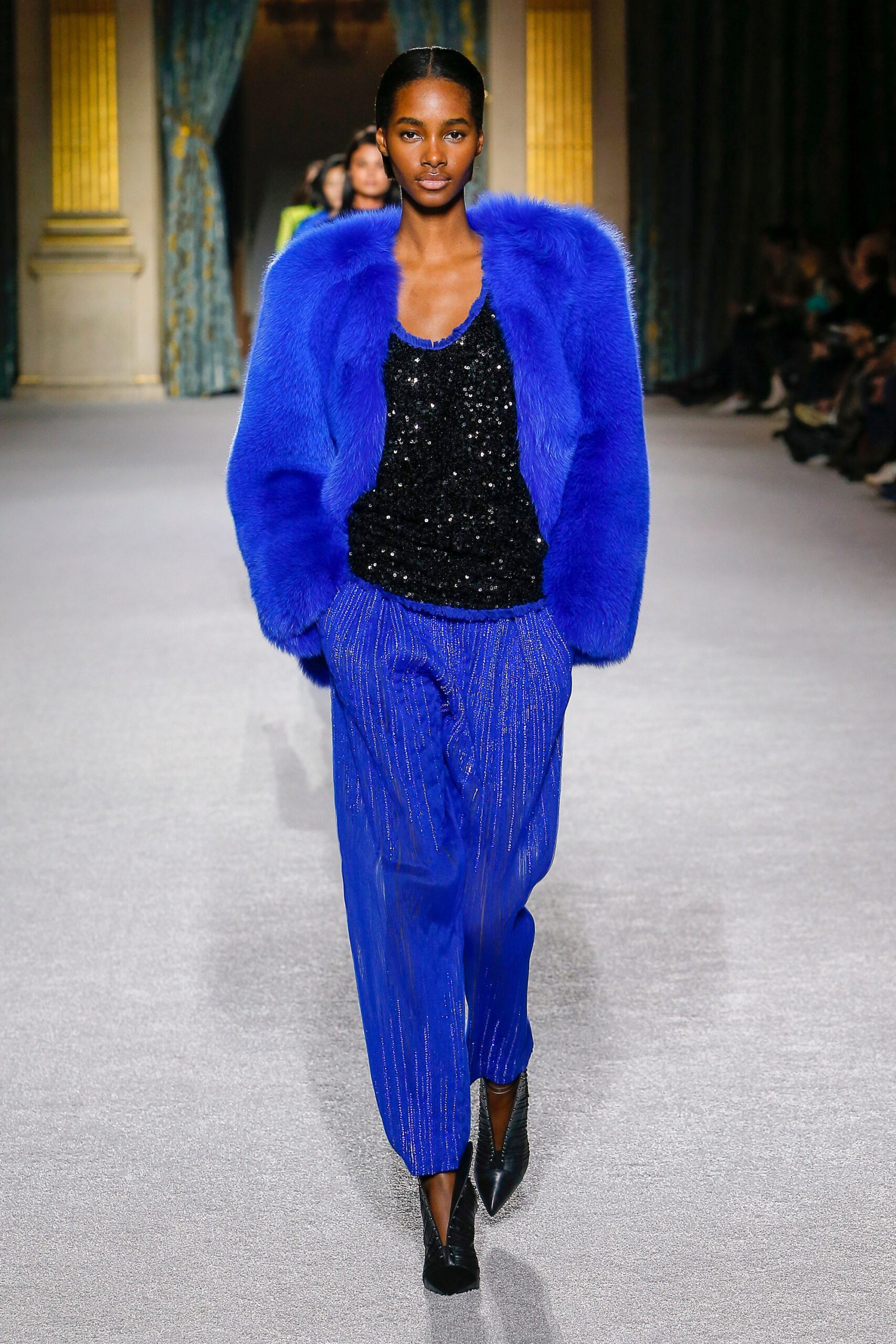 blue faux-fur coat with sequined top
