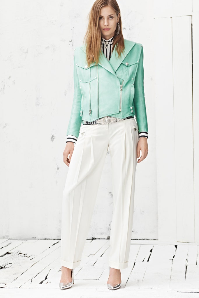 mint leather fitted jacket with striped shirt