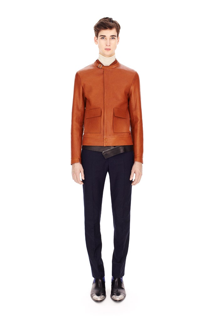 brown leather fitted jacket and tailored pants