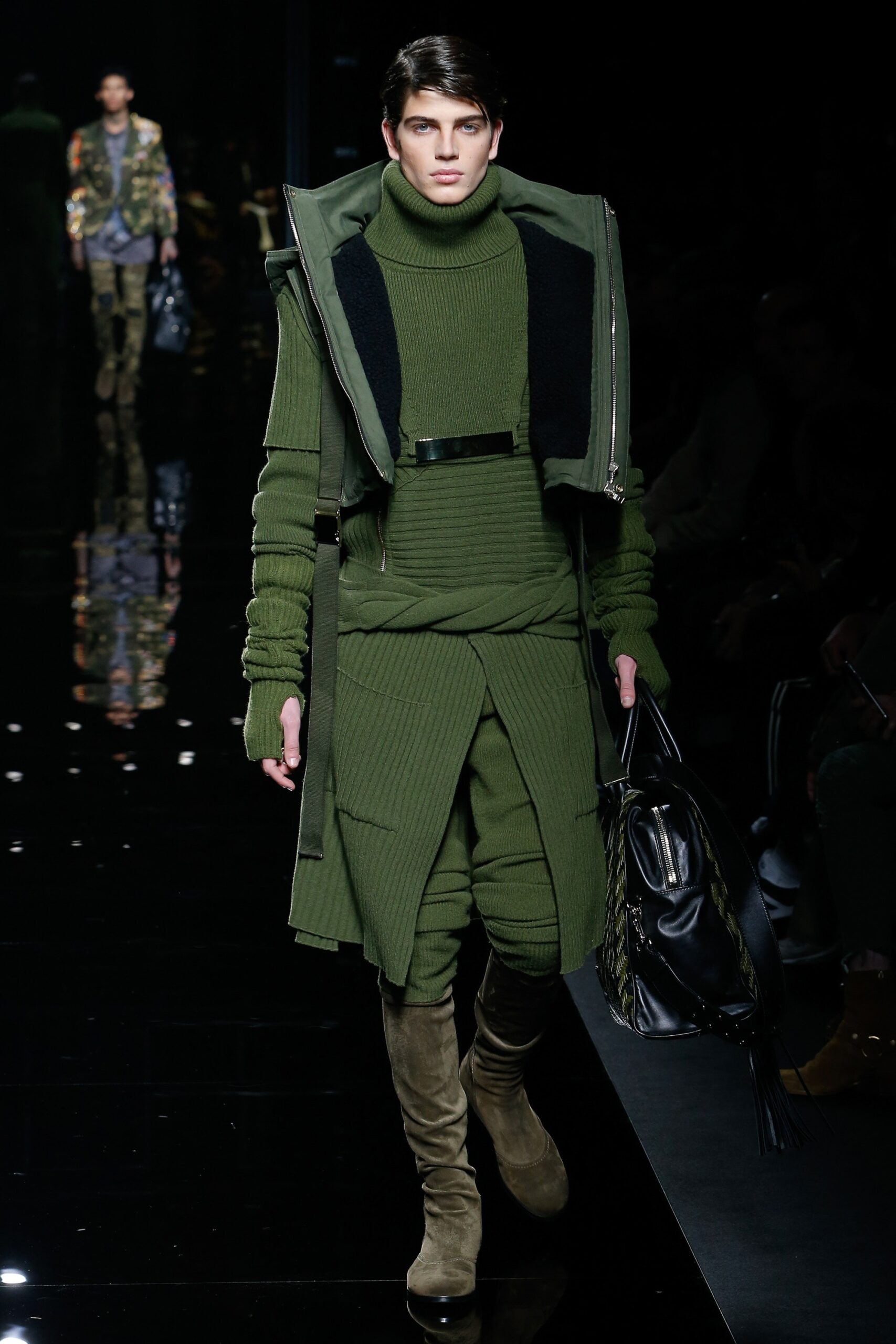 green knit midi dress with coat