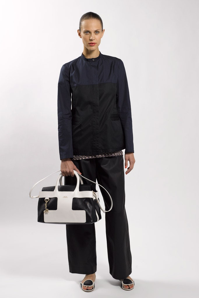 black and blue fitted jacket with relaxed pants