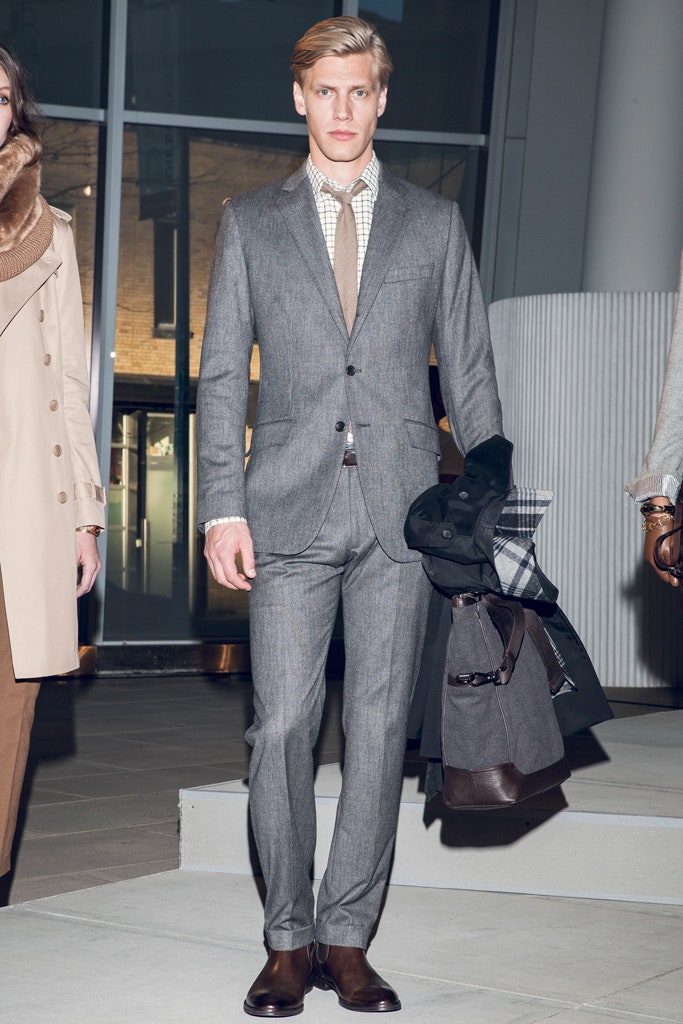 gray tailored suit with brown tie