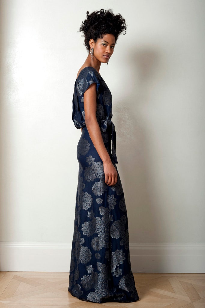 blue silk embroidered gown