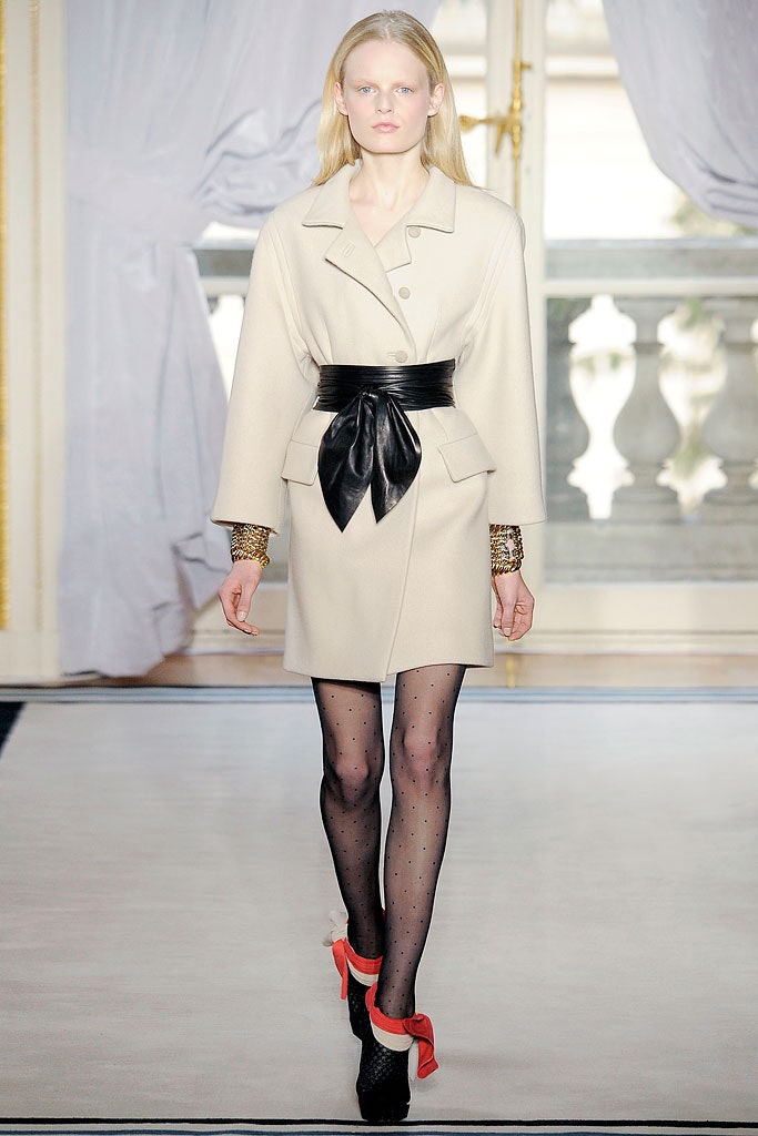 beige wool long-sleeve collared fitted belted coat