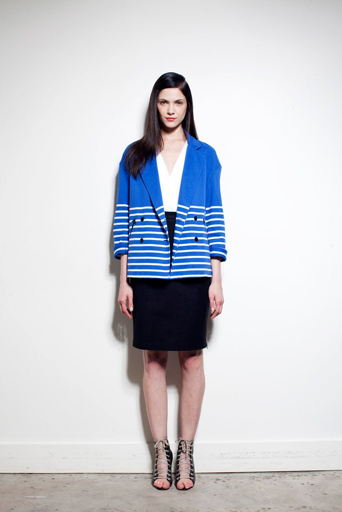 blue striped jacket with black pencil skirt