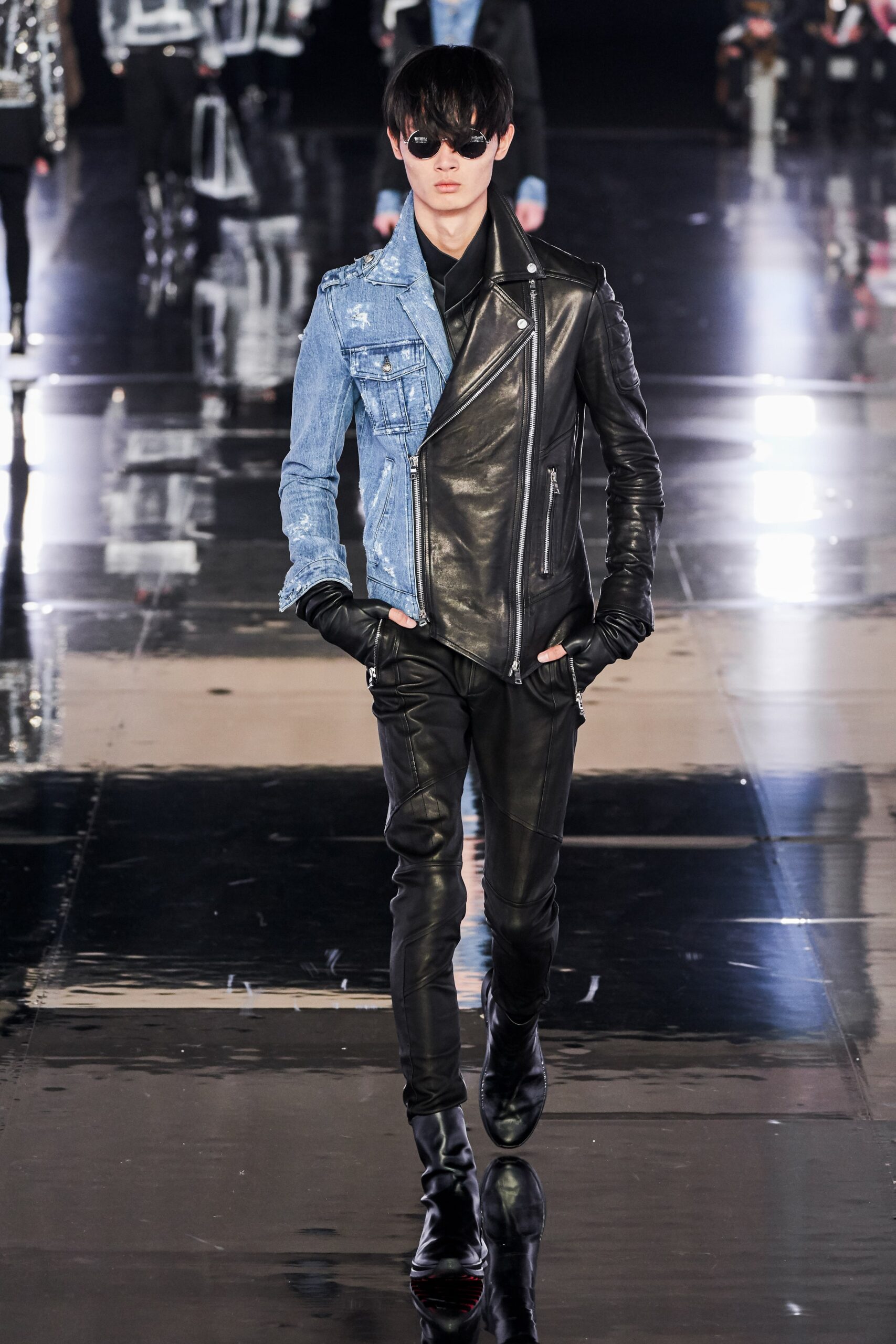 black leather and denim jacket outfit
