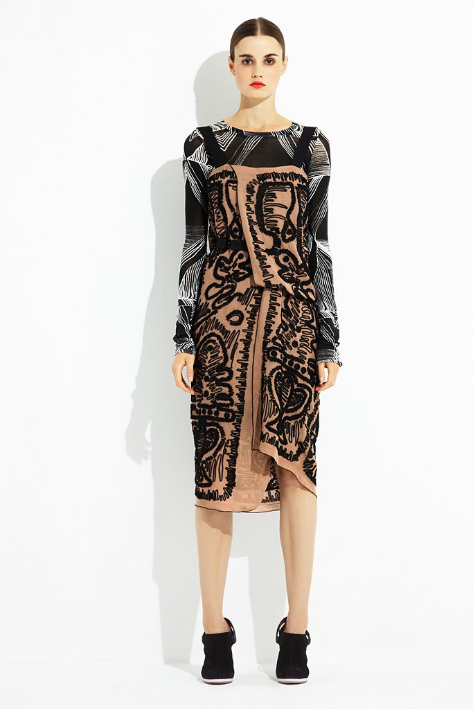 black and beige printed midi dress