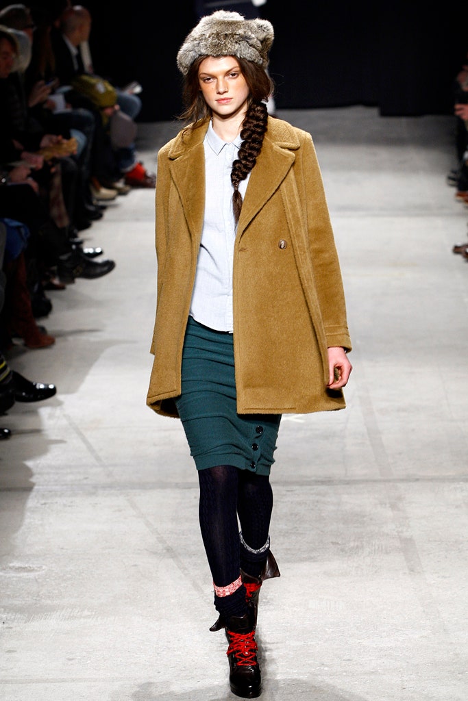 brown wool coat with green pencil skirt