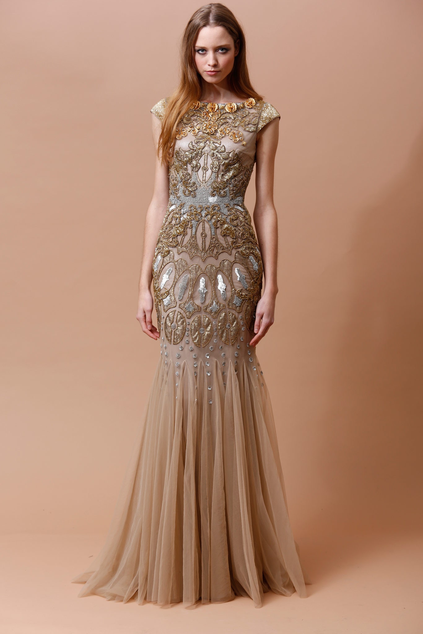 beige gold embroidered gown