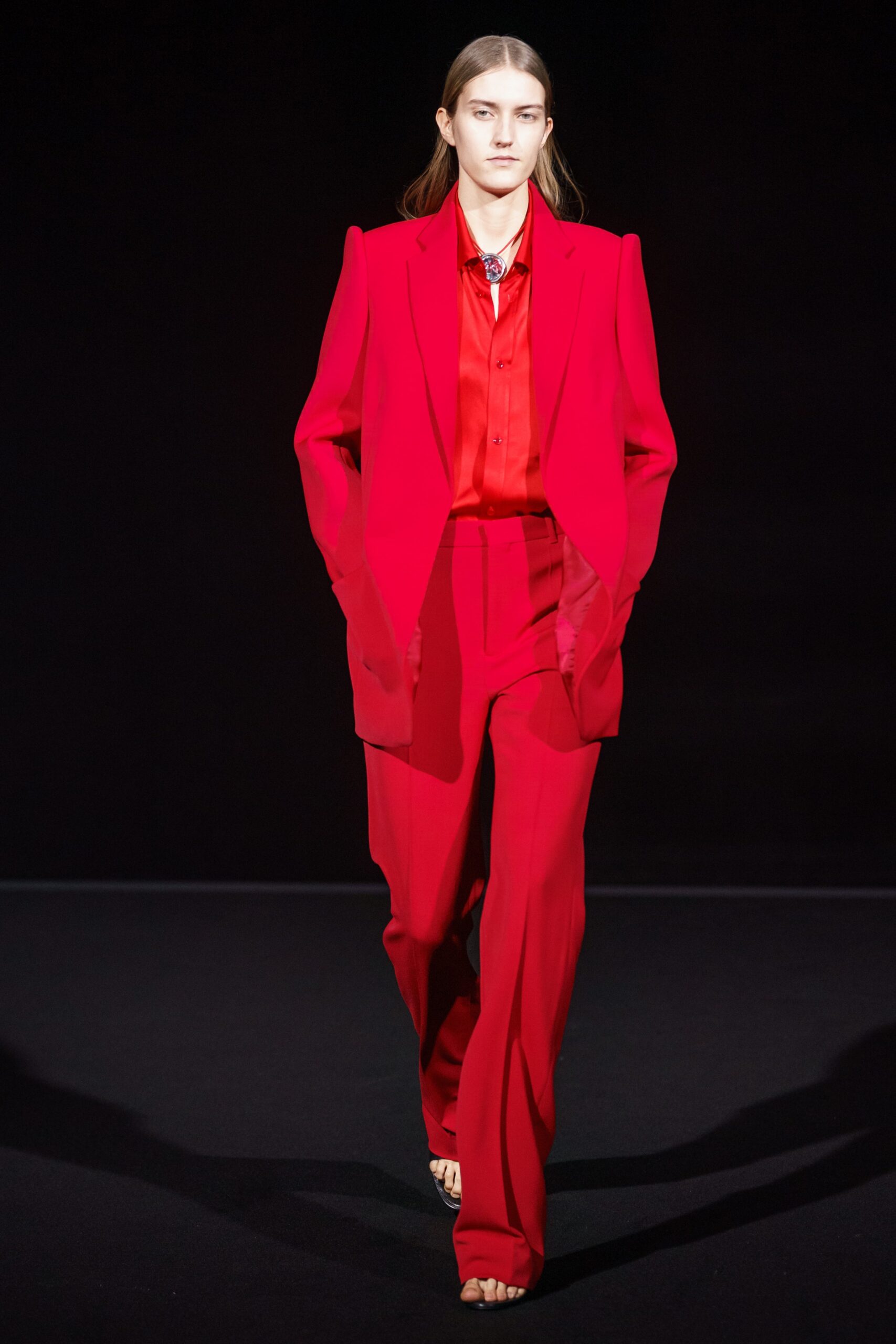 red tailored suit with shirt
