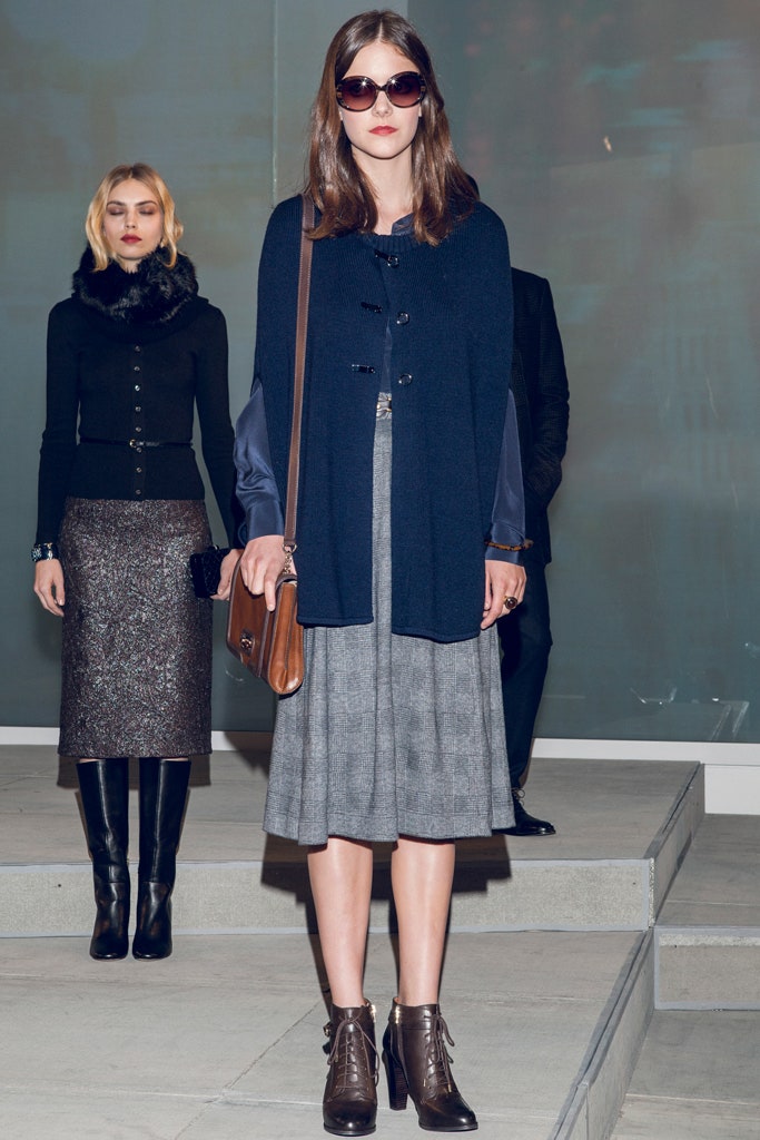 navy wool cape with gray pleated skirt