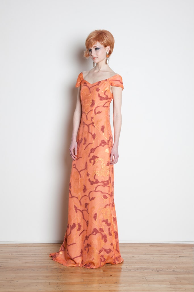 fitted orange embroidered gown