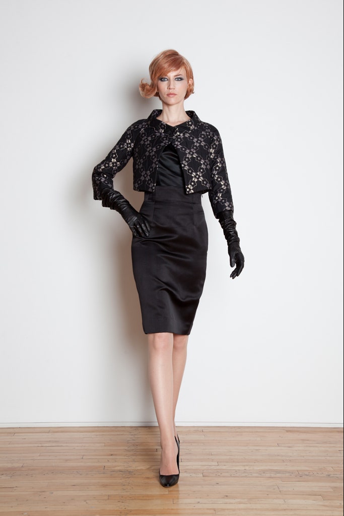 black lace jacket and satin dress